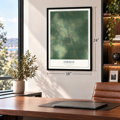 Furman, South Carolina map, 18 x 24 inch print in a black frame in a home office