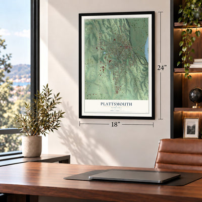 Plattsmouth, Nebraska map, 18 x 24 inch print in a black frame in a home office