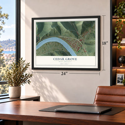 Cedar Grove, West Virginia map, 18 x 24 inch print in a black frame in a home office