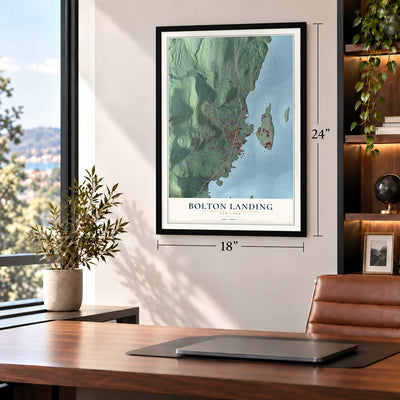 Bolton Landing, New York map, 18 x 24 inch print in a black frame in a home office