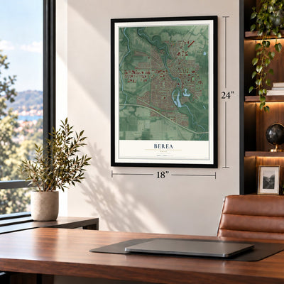 Berea, Ohio map, 18 x 24 inch print in a black frame in a home office