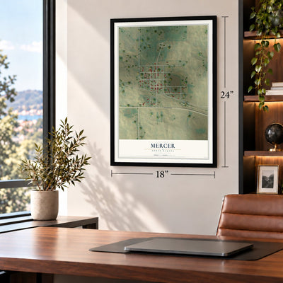 Mercer, North Dakota map, 18 x 24 inch print in a black frame in a home office