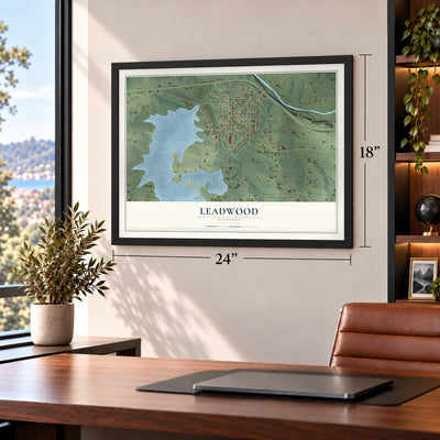 Leadwood, Missouri map, 18 x 24 inch print in a black frame in a home office