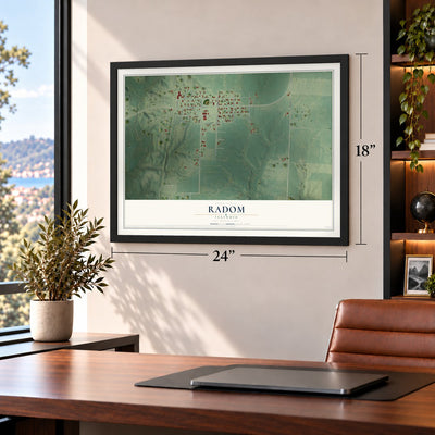 Radom, Illinois map, 18 x 24 inch print in a black frame in a home office