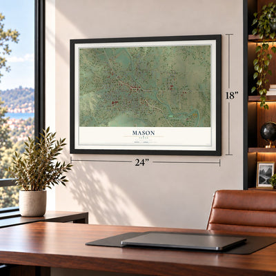 Mason, Texas map, 18 x 24 inch print in a black frame in a home office