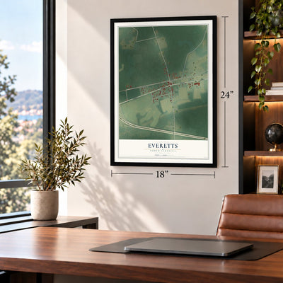 Everetts, North Carolina map, 18 x 24 inch print in a black frame in a home office