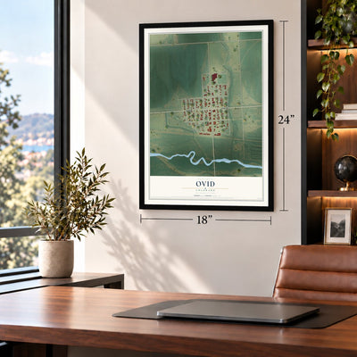 Ovid, Colorado map, 18 x 24 inch print in a black frame in a home office