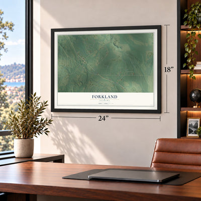 Forkland, Alabama map, 18 x 24 inch print in a black frame in a home office