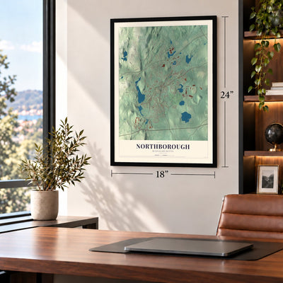Northborough, Massachusetts map, 18 x 24 inch print in a black frame in a home office