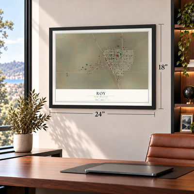 Roy, New Mexico map, 18 x 24 inch print in a black frame in a home office