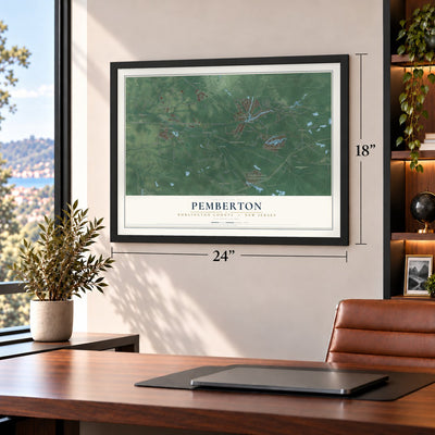 Pemberton, Burlington County, New Jersey map, 18 x 24 inch print in a black frame in a home office