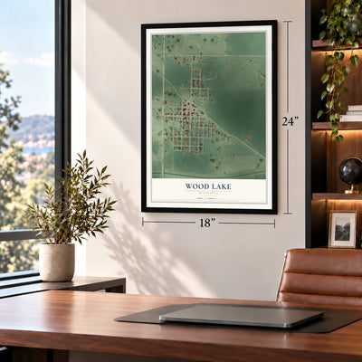 Wood Lake, Minnesota map, 18 x 24 inch print in a black frame in a home office