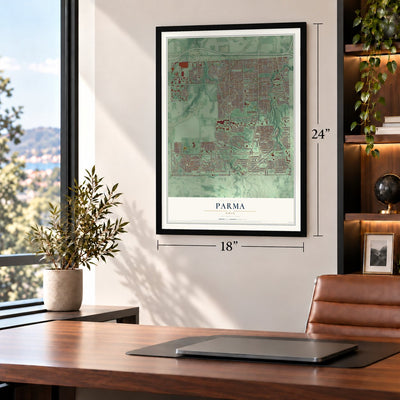Parma, Ohio map, 18 x 24 inch print in a black frame in a home office