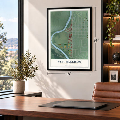 West Harrison, Indiana map, 18 x 24 inch print in a black frame in a home office