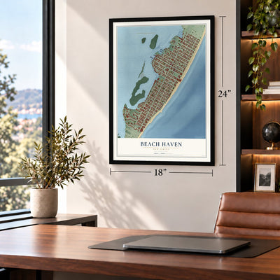 Beach Haven, New Jersey map, 18 x 24 inch print in a black frame in a home office
