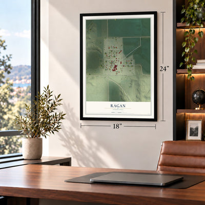 Ragan, Nebraska map, 18 x 24 inch print in a black frame in a home office