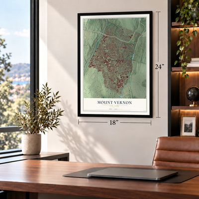 Mount Vernon, New York map, 18 x 24 inch print in a black frame in a home office