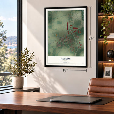 Hebron, Ohio map, 18 x 24 inch print in a black frame in a home office