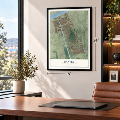 Harvey, Louisiana map, 18 x 24 inch print in a black frame in a home office