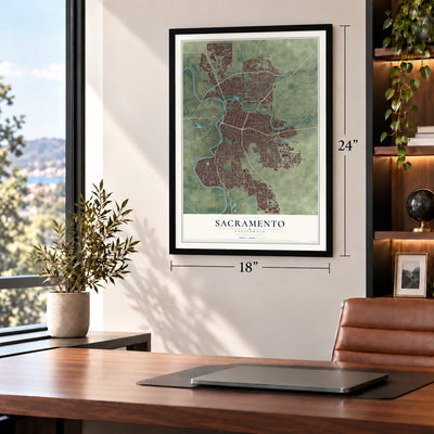 Sacramento, California map, 18 x 24 inch print in a black frame in a home office