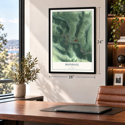Irondale, Ohio map, 18 x 24 inch print in a black frame in a home office