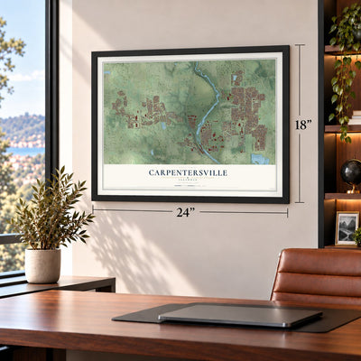 Carpentersville, Illinois map, 18 x 24 inch print in a black frame in a home office