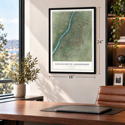 Los Ranchos de Albuquerque, New Mexico map, 18 x 24 inch print in a black frame in a home office