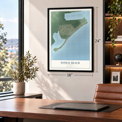 Estral Beach, Michigan map, 18 x 24 inch print in a black frame in a home office