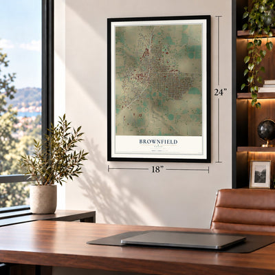 Brownfield, Texas map, 18 x 24 inch print in a black frame in a home office
