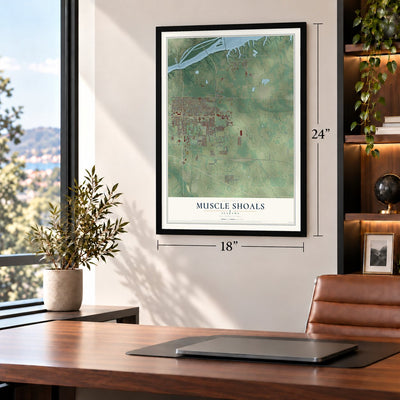 Muscle Shoals, Alabama map, 18 x 24 inch print in a black frame in a home office