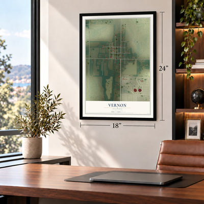 Vernon, Illinois map, 18 x 24 inch print in a black frame in a home office