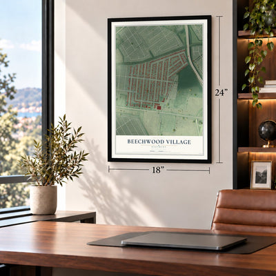Beechwood Village, Kentucky map, 18 x 24 inch print in a black frame in a home office