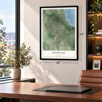 Sunnyvale, Texas map, 18 x 24 inch print in a black frame in a home office