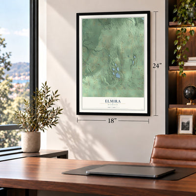 Elmira, Michigan map, 18 x 24 inch print in a black frame in a home office