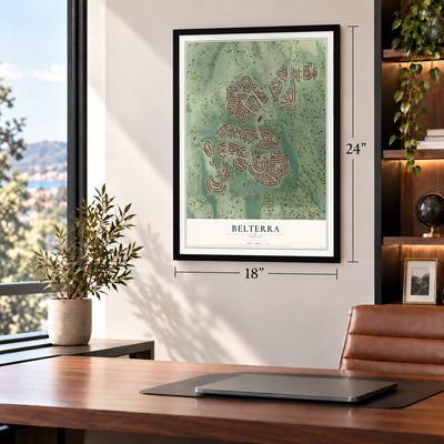 Belterra, Texas map, 18 x 24 inch print in a black frame in a home office