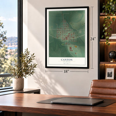 Canton, Oklahoma map, 18 x 24 inch print in a black frame in a home office