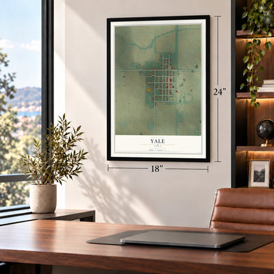 Yale, Iowa map, 18 x 24 inch print in a black frame in a home office