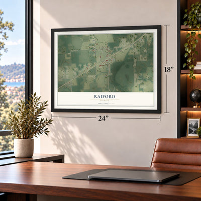 Raiford, Florida map, 18 x 24 inch print in a black frame in a home office