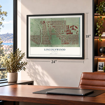 Lincolnwood, Illinois map, 18 x 24 inch print in a black frame in a home office