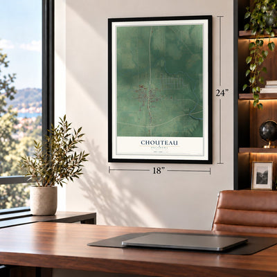 Chouteau, Oklahoma map, 18 x 24 inch print in a black frame in a home office