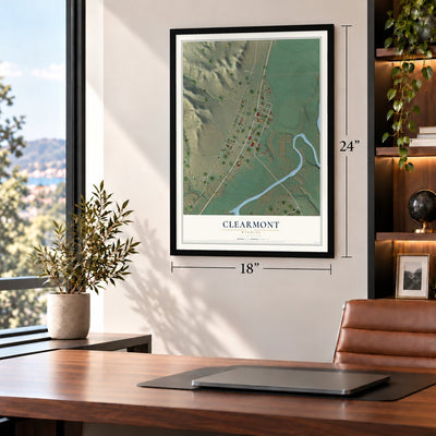 Clearmont, Wyoming map, 18 x 24 inch print in a black frame in a home office