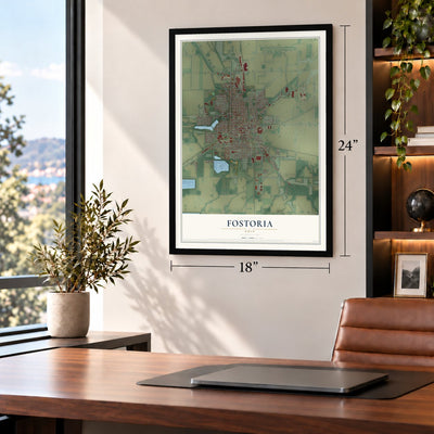 Fostoria, Ohio map, 18 x 24 inch print in a black frame in a home office