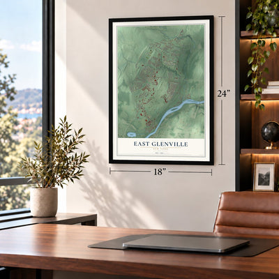 East Glenville, New York map, 18 x 24 inch print in a black frame in a home office