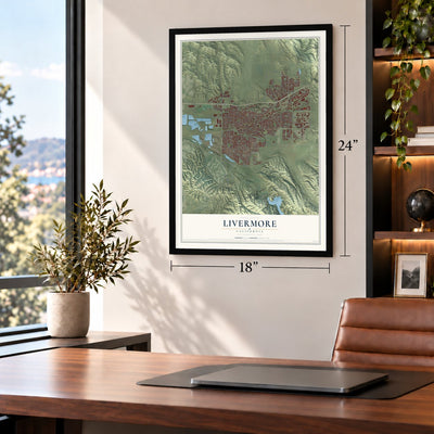 Livermore, California map, 18 x 24 inch print in a black frame in a home office