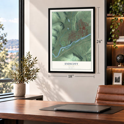 Endicott, New York map, 18 x 24 inch print in a black frame in a home office
