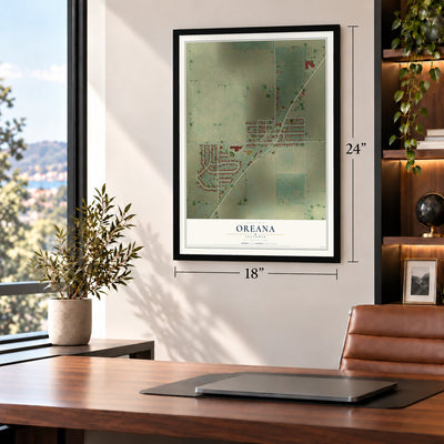 Oreana, Illinois map, 18 x 24 inch print in a black frame in a home office