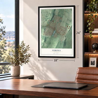 Verona, New Jersey map, 18 x 24 inch print in a black frame in a home office