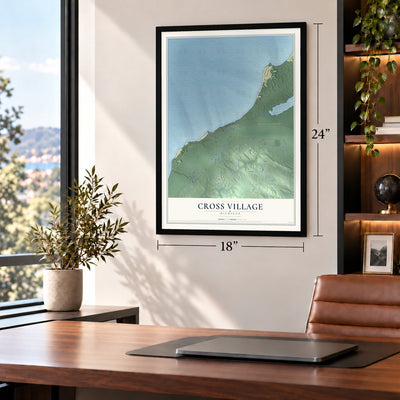 Cross Village, Michigan map, 18 x 24 inch print in a black frame in a home office