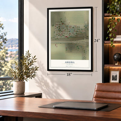 Arriba, Colorado map, 18 x 24 inch print in a black frame in a home office