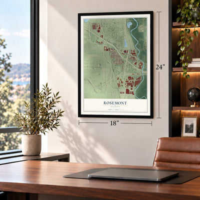 Rosemont, Illinois map, 18 x 24 inch print in a black frame in a home office